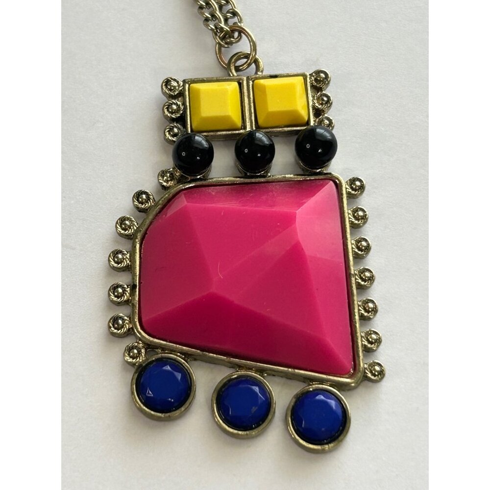 1980s 1990s Funky Bright Colorful Geometric Pendant Necklace Pink Yellow Blue - Picture 5 of 7